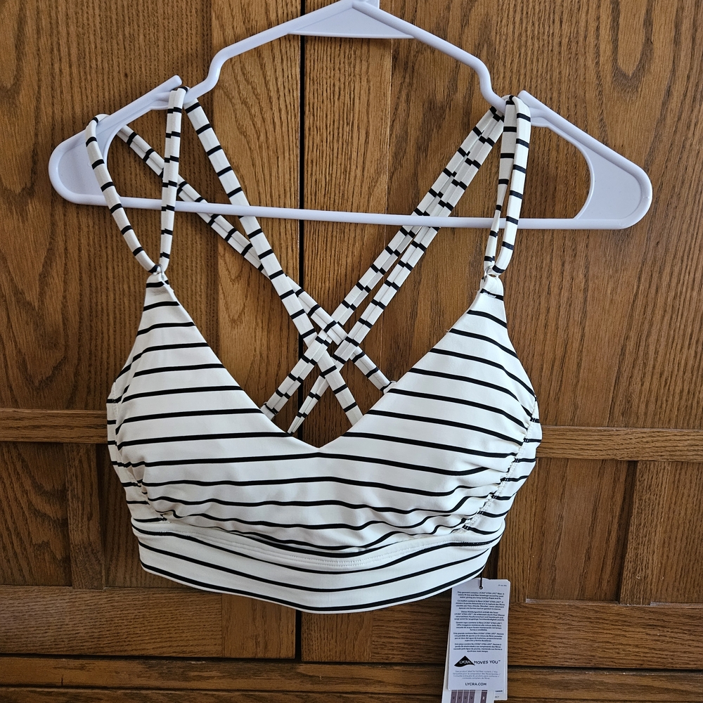 Calia Black and Ivory Striped Bralette swimsuit top.